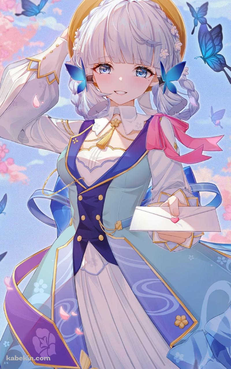 便箋を差し出す神里綾華 / 花時に訪れた手紙 / 桜 / 青い蝶 / 原神のAndroidの壁紙(800px x 1280px) スマホ用