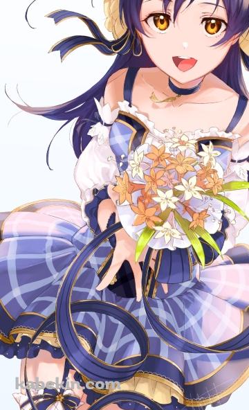 オレンジと白の花束を持つ園田海未 / ラブライブ! / ファンアート / イラストのAndroidの壁紙(360px x 592px) スマホ用