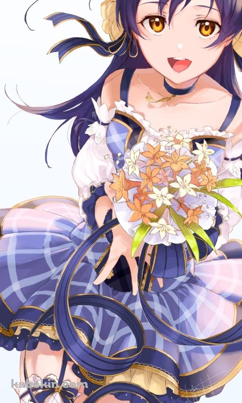 オレンジと白の花束を持つ園田海未 / ラブライブ! / ファンアート / イラストのAndroidの壁紙(480px x 800px) スマホ用
