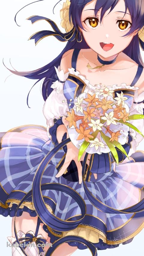 オレンジと白の花束を持つ園田海未 / ラブライブ! / ファンアート / イラストのAndroidの壁紙(480px x 854px) スマホ用