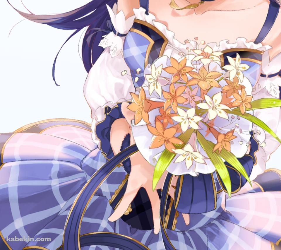 オレンジと白の花束を持つ園田海未 / ラブライブ! / ファンアート / イラストのAndroidの壁紙(960px x 854px) スマホ用