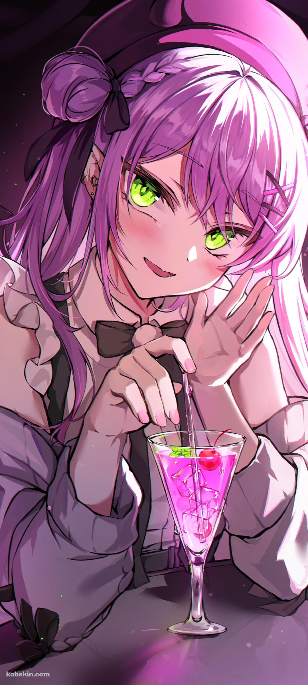 ピンクのカクテルを飲む常闇トワ / バー / バーチャルYouTuber / ホロライブ / ファンアート / イラストのAndroidの壁紙(1080px x 2400px) スマホ用