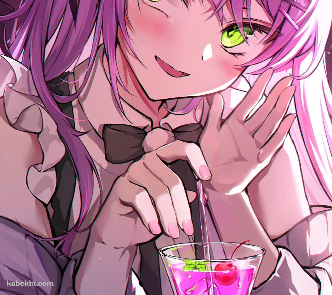 ピンクのカクテルを飲む常闇トワ / バー / バーチャルYouTuber / ホロライブ / ファンアート / イラストのAndroidの壁紙(1080px x 960px) スマホ用