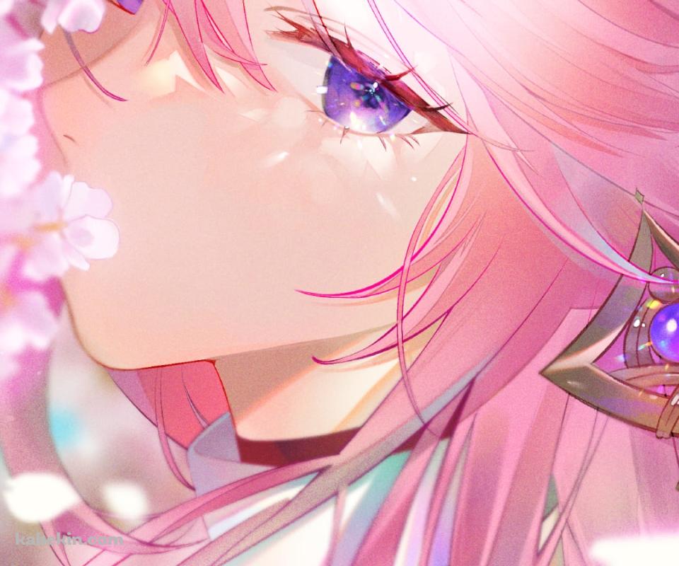 桜の花とこちらを振り向く八重神子 / 原神のAndroidの壁紙(960px x 800px) スマホ用