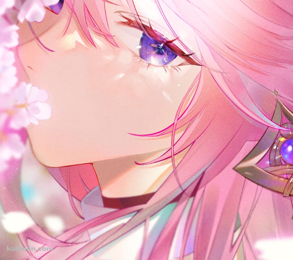桜の花とこちらを振り向く八重神子 / 原神のAndroidの壁紙(960px x 854px) スマホ用