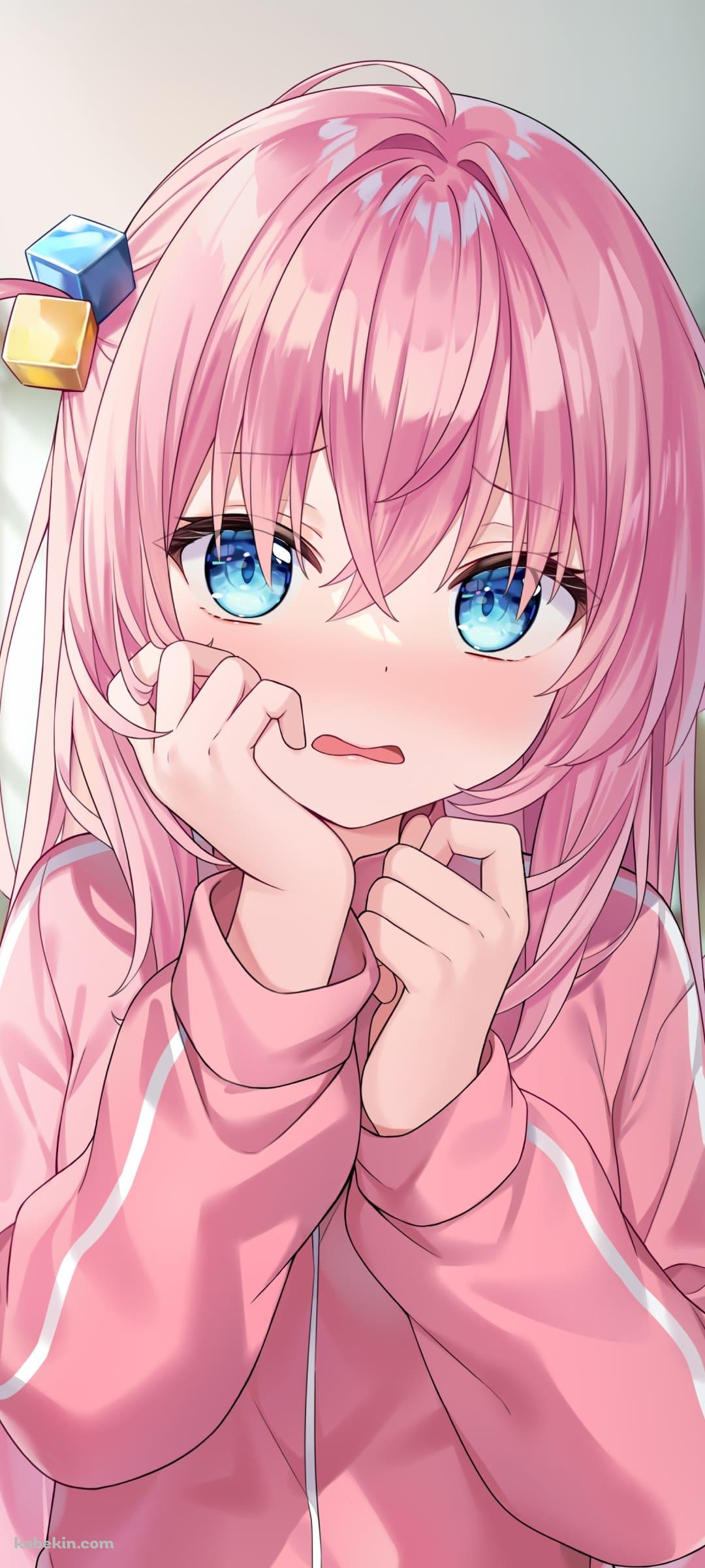 学校の廊下で照れている後藤ひとり / ぼっち・ざ・ろっく! / ファンアート / イラストのAndroidの壁紙(1080px x 2400px) スマホ用