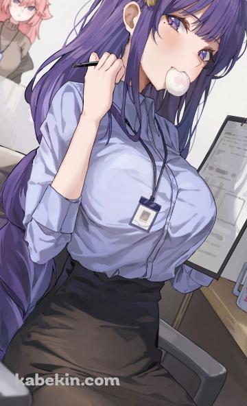 仕事中の雷電将軍と八重神子 / OL / 餅 / オフィス / ファンアート / イラストのAndroidの壁紙(360px x 592px) スマホ用