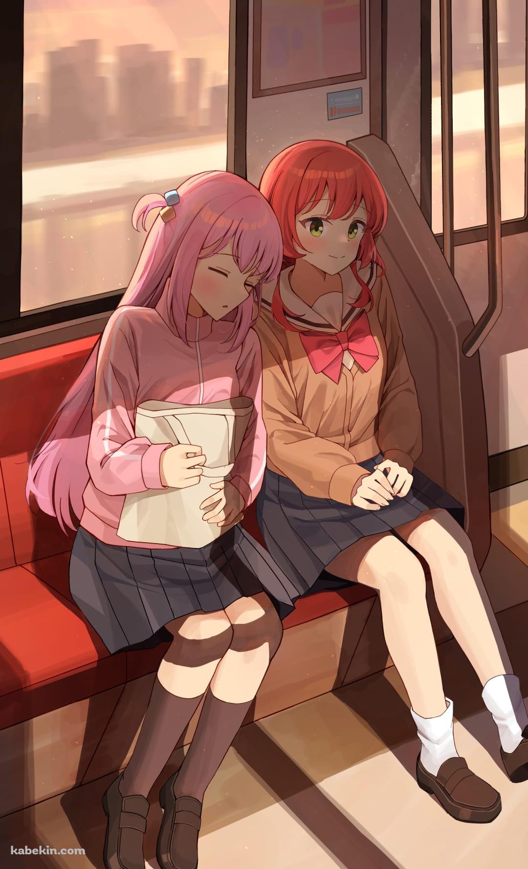 電車で寝ている後藤ひとりと肩を貸している喜多郁代 / ぼっち・ざ・ろっく! / ファンアート / イラストのAndroidの壁紙(1080px x 1776px) スマホ用