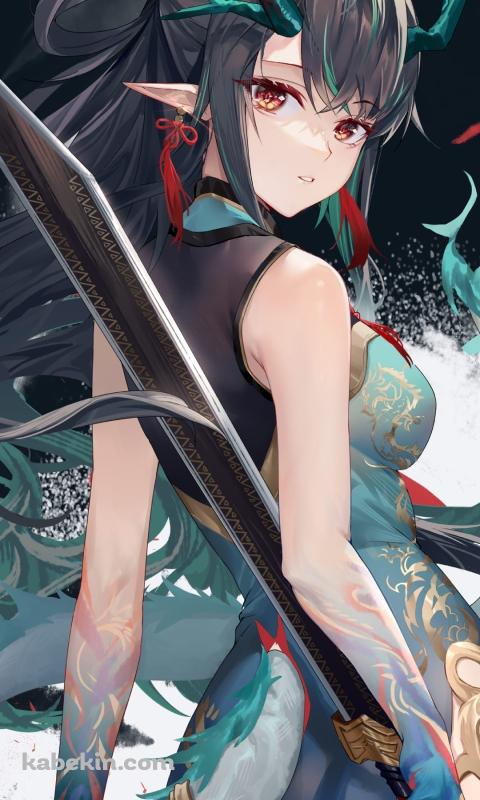 剣を持ちながらこちらを振り返るシー / かっこいい / 画家 / 炎国伝統絵画 / アークナイツ / ファンアート / イラストのAndroidの壁紙(480px x 800px) スマホ用
