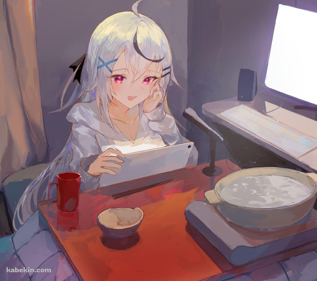 コタツに入って配信をする春水レイ / 鍋 / パソコン / タブレット / バーチャルYoutuber / ファンアート / イラストのAndroidの壁紙(1080px x 960px) スマホ用