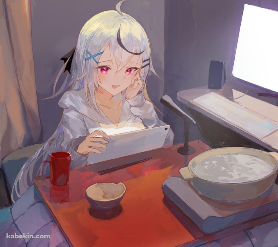 コタツに入って配信をする春水レイ / 鍋 / パソコン / タブレット / バーチャルYoutuber / ファンアート / イラストのAndroidの壁紙(960px x 854px) スマホ用