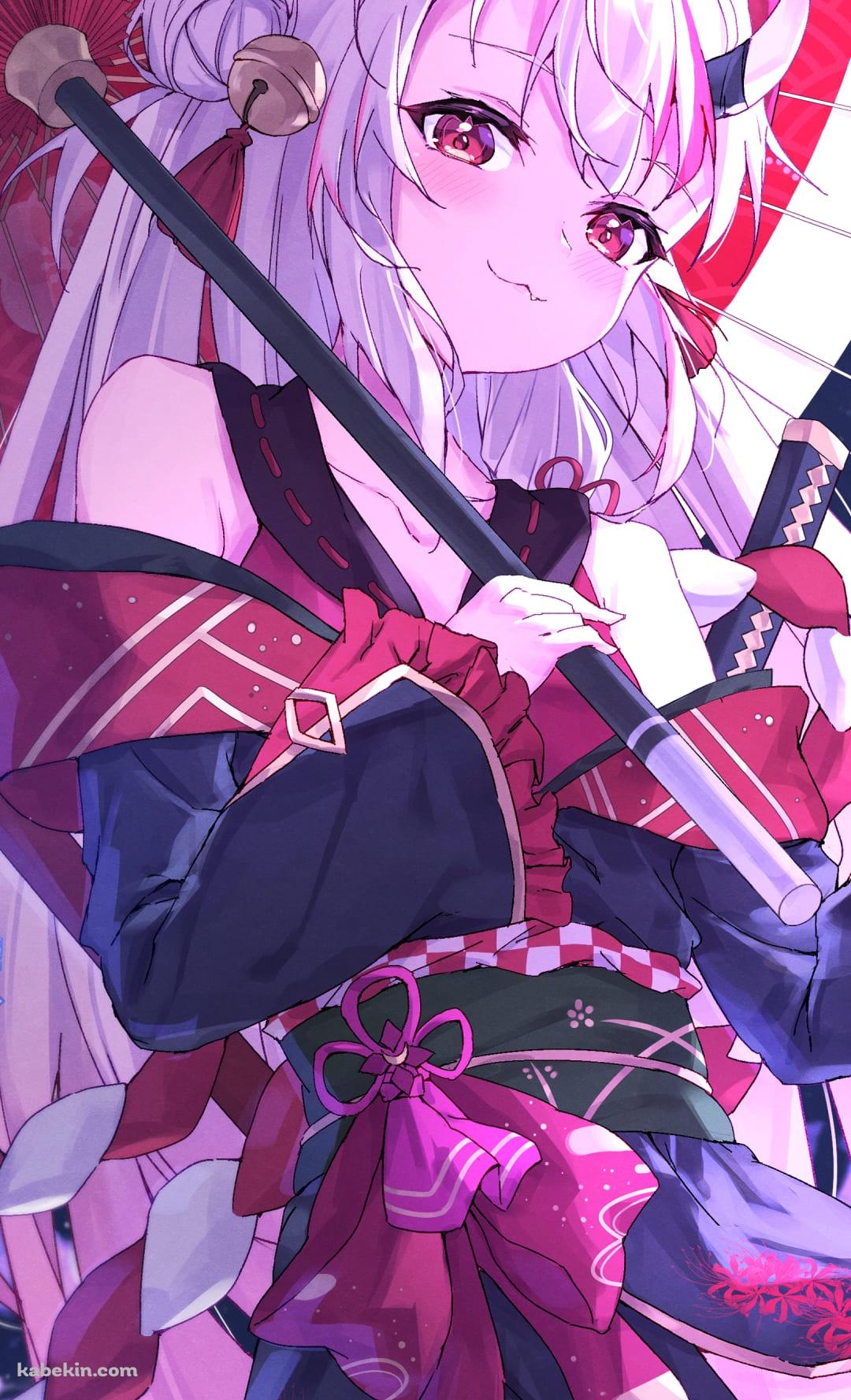 かわいい百鬼あやめ / 桜 / 赤い和傘 / 赤い刀 / バーチャルYouTuber / ファンアート / イラストのAndroidの壁紙(1080px x 1776px) スマホ用