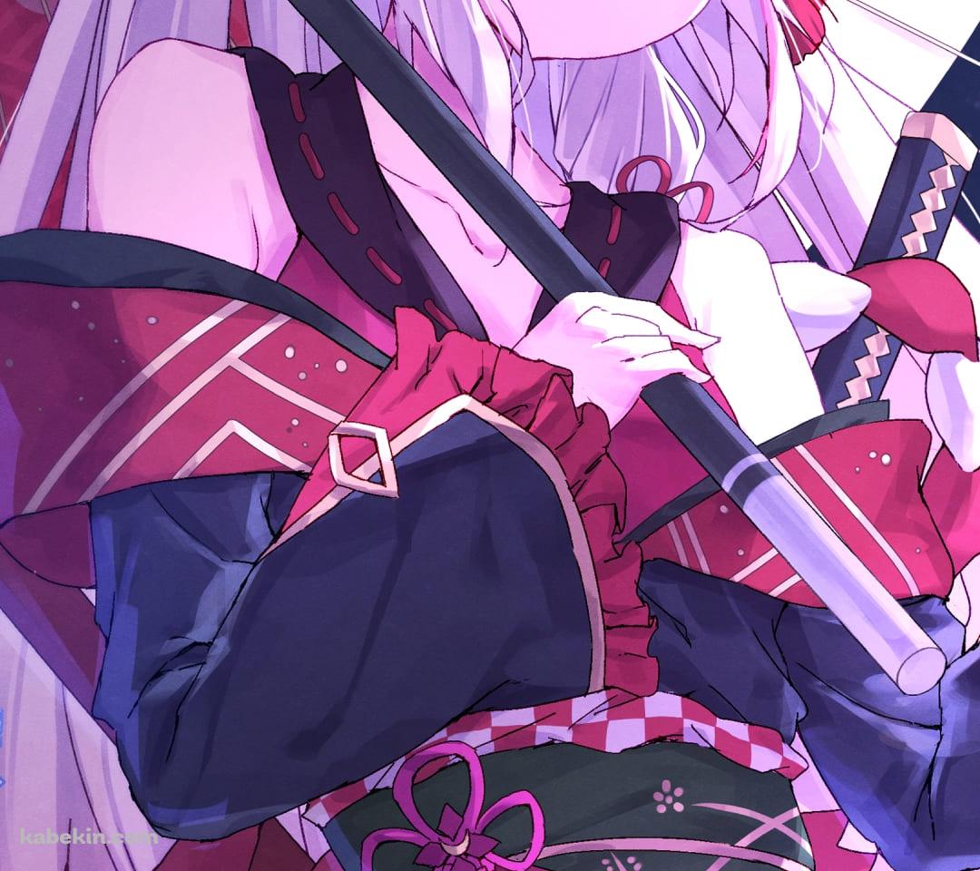 かわいい百鬼あやめ / 桜 / 赤い和傘 / 赤い刀 / バーチャルYouTuber / ファンアート / イラストのAndroidの壁紙(1080px x 960px) スマホ用