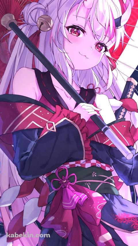 かわいい百鬼あやめ / 桜 / 赤い和傘 / 赤い刀 / バーチャルYouTuber / ファンアート / イラストのAndroidの壁紙(480px x 854px) スマホ用