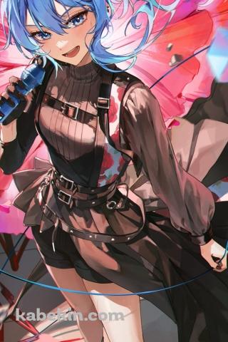 青いマイクを持って歌を唄う星街すいせい / ホロライブ / バーチャルYouTuber / ファンアート / イラストのAndroidの壁紙(320px x 480px) スマホ用