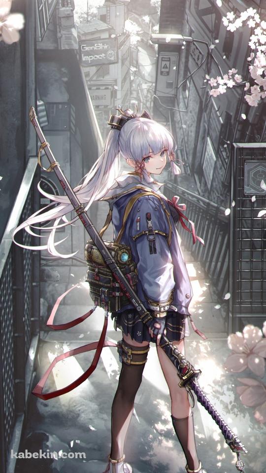 振り返る神里綾華 / 桜 / 階段 / 綺麗 / 原神のAndroidの壁紙(540px x 960px) スマホ用
