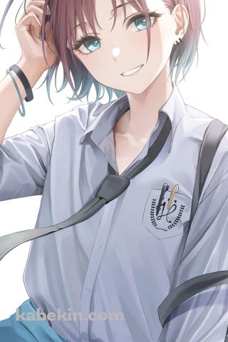 髪を触る浅倉透 / ネクタイ / ミサンガ / 女子高生 / JK / アイドルマスターシャイニーカラーズ / ファンアート / イラストのAndroidの壁紙(320px x 480px) スマホ用