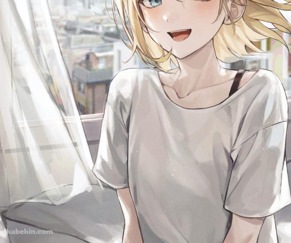 鏡音リン / 休日 / リラックス / 私服 / 柴犬 / 目覚まし時計 / 半袖短パン / 白いカーテン / かわいい / ボカロ / ボーカロイドのAndroidの壁紙(960px x 800px) スマホ用