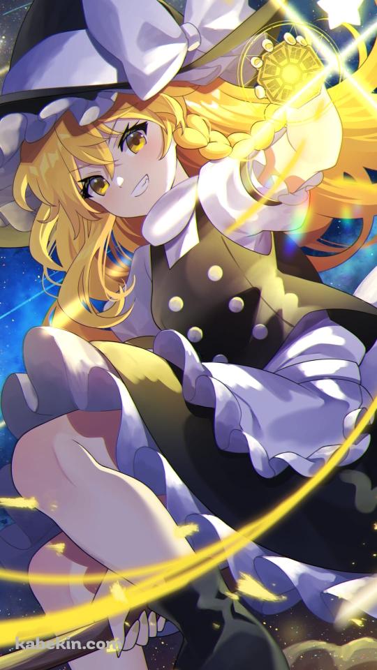 ホウキに乗って空を飛ぶ霧雨魔理沙 / 東方 / ファンアート / イラストのAndroidの壁紙(540px x 960px) スマホ用
