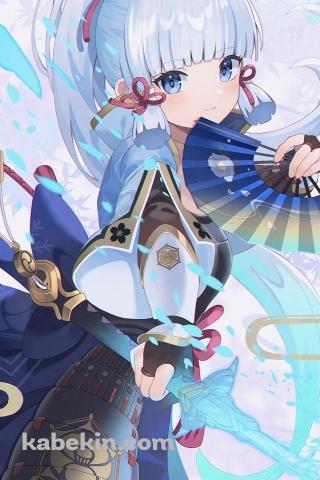 青い扇子と剣を持つ神里綾華 / 原神 / ファンアート / イラストのAndroidの壁紙(320px x 480px) スマホ用