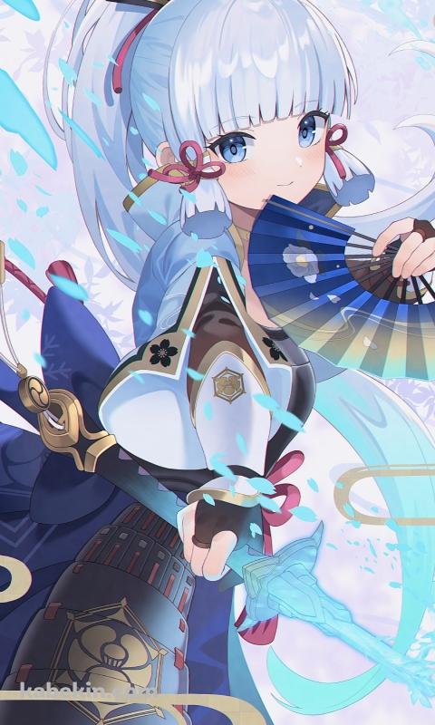 青い扇子と剣を持つ神里綾華 / 原神 / ファンアート / イラストのAndroidの壁紙(480px x 800px) スマホ用