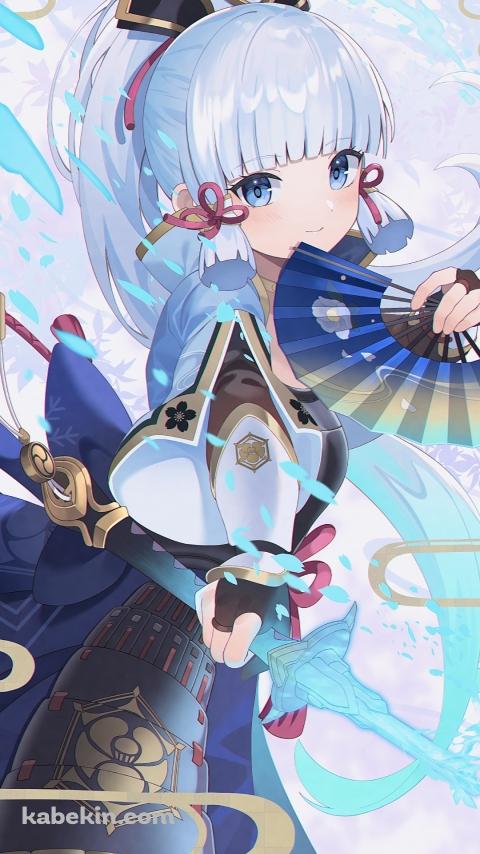 青い扇子と剣を持つ神里綾華 / 原神 / ファンアート / イラストのAndroidの壁紙(480px x 854px) スマホ用