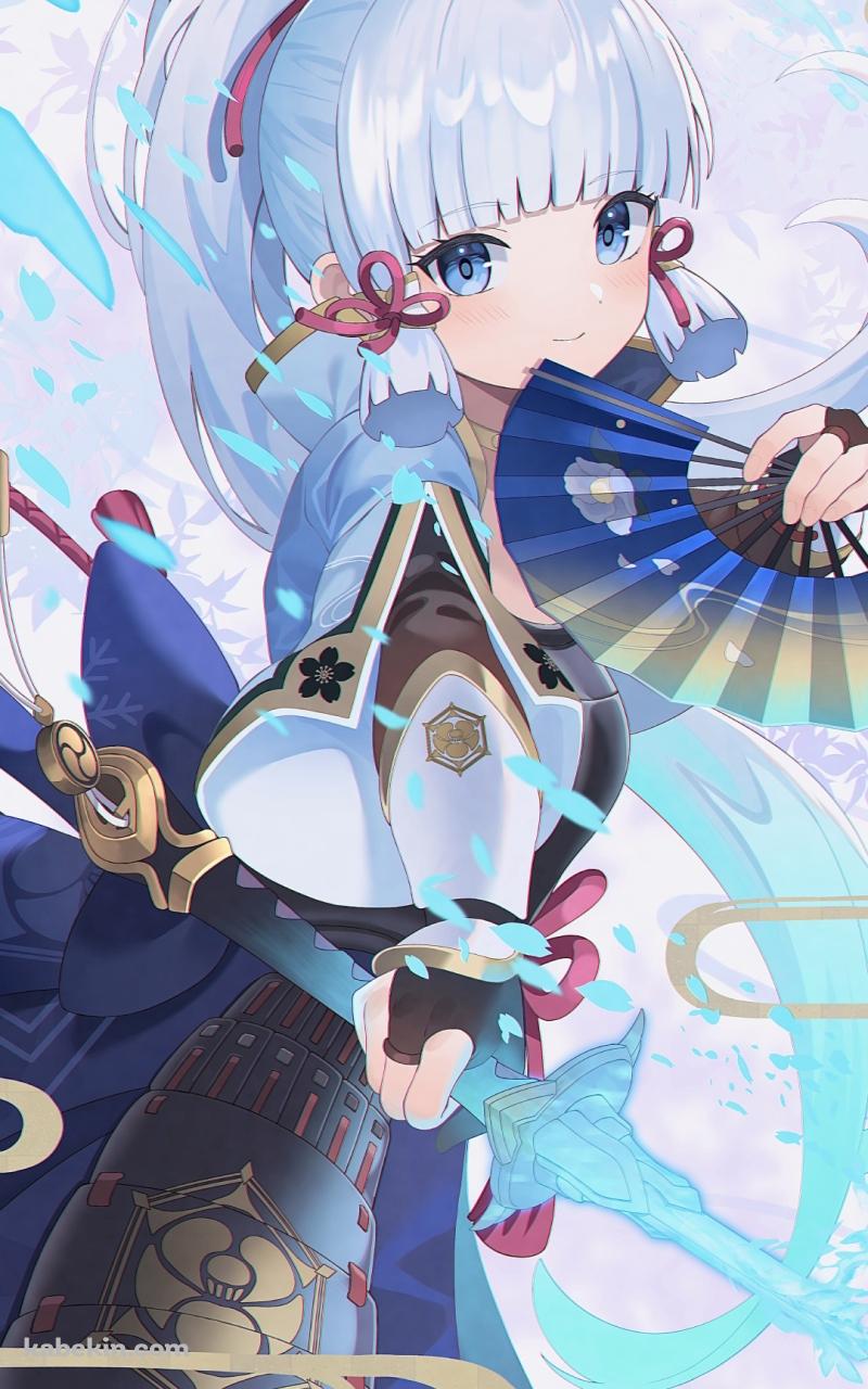 青い扇子と剣を持つ神里綾華 / 原神 / ファンアート / イラストのAndroidの壁紙(800px x 1280px) スマホ用