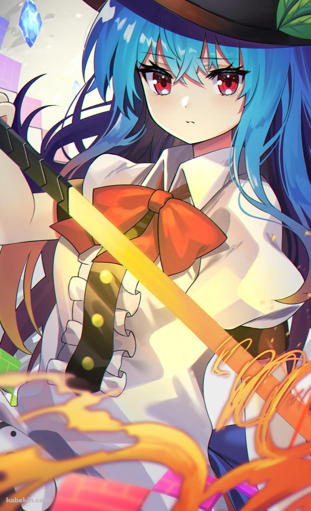刀を持つかわいい比那名居 天子（ひななゐ てんし） / 東方 / ファンアート / イラストのAndroidの壁紙(1080px x 1776px) スマホ用