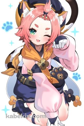 猫のようなポーズをとるかわいいディオナ / 原神 / ファンアート / イラストのAndroidの壁紙(320px x 480px) スマホ用