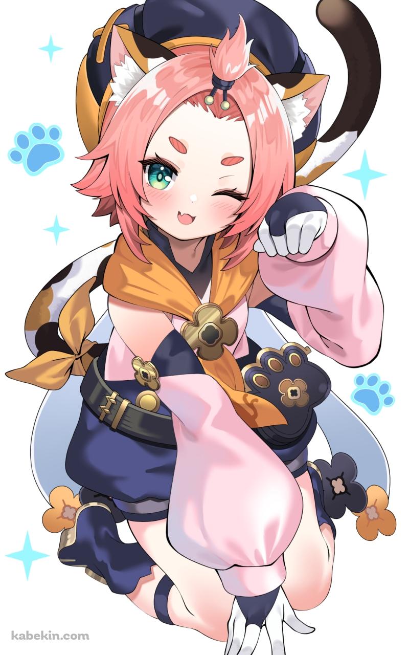 猫のようなポーズをとるかわいいディオナ / 原神 / ファンアート / イラストのAndroidの壁紙(800px x 1280px) スマホ用