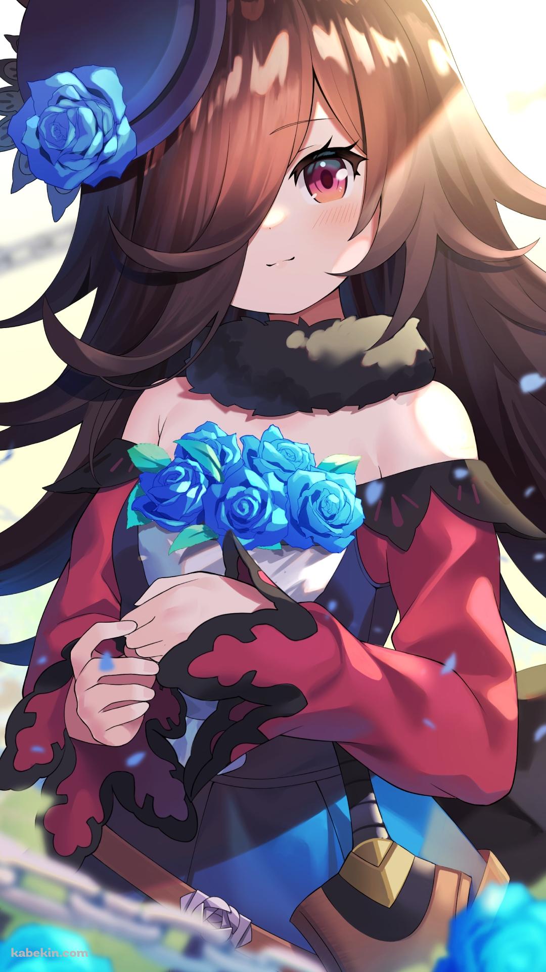 α1 ウマ娘 夜&青薔薇の花びら&ベット ライスシャワー スリーブ&プレイマット 青い薔薇の花束を持つかわいいライスシャワー / ウマ娘 / ファンアート