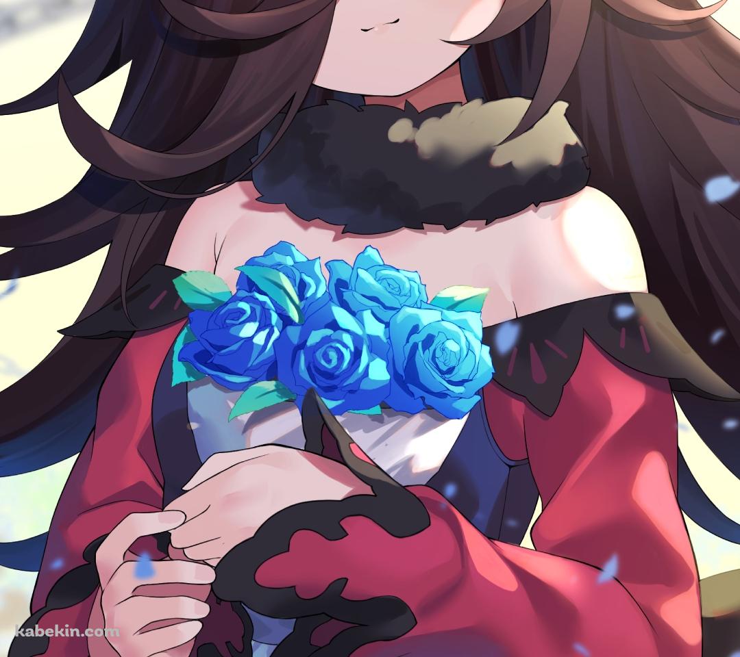 青い薔薇の花束を持つかわいいライスシャワー / ウマ娘 / ファンアート / イラストのAndroidの壁紙(1080px x 960px) スマホ用