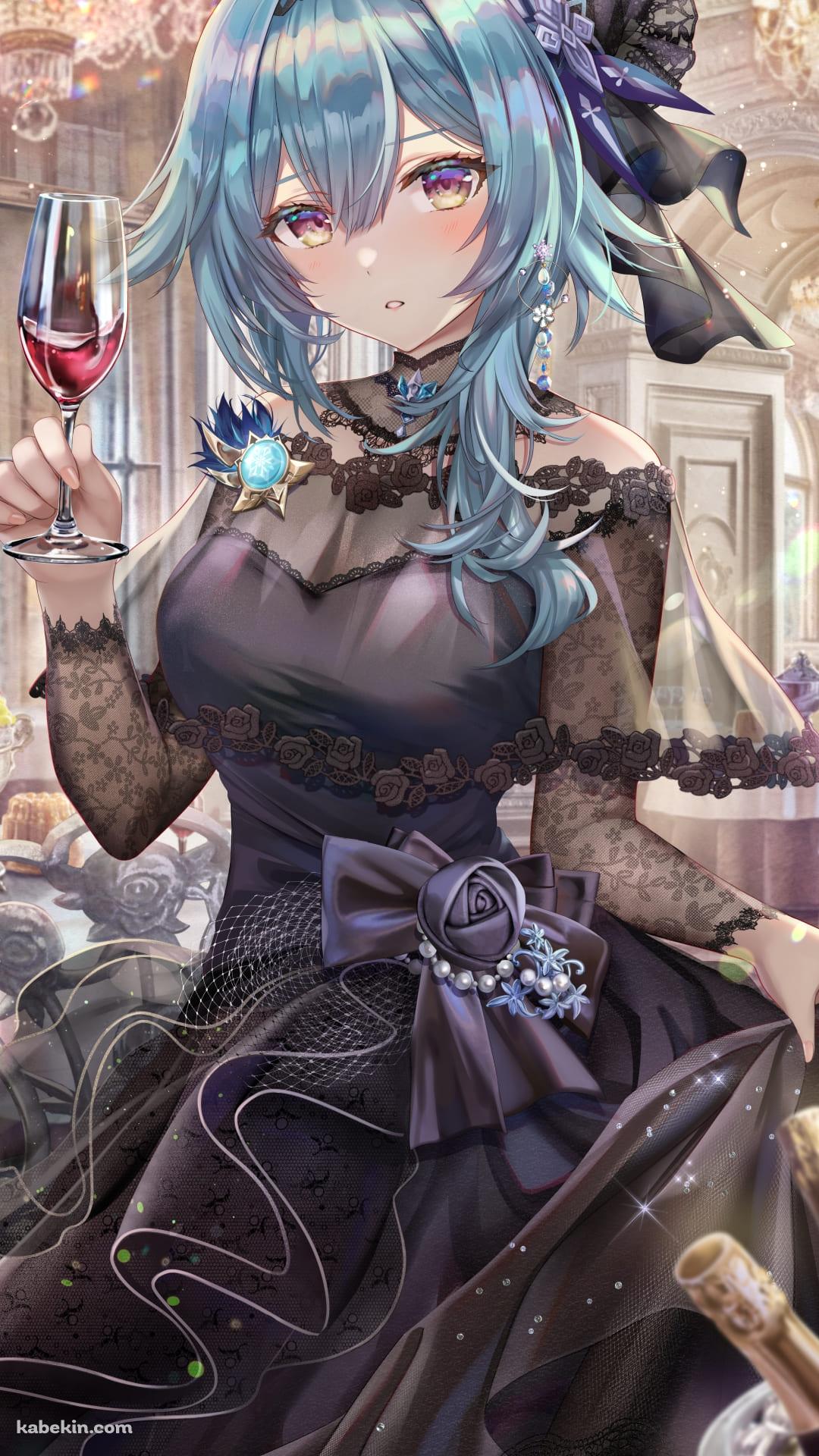 黒いドレスを見たかわいいエウルア・ローレンス / 赤ワイン / シャンデリア / 原神のAndroidの壁紙(1080px x 1920px) スマホ用