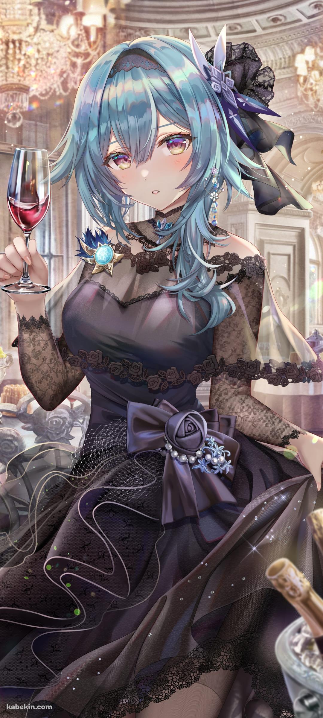黒いドレスを見たかわいいエウルア・ローレンス / 赤ワイン / シャンデリア / 原神のAndroidの壁紙(1080px x 2400px) スマホ用