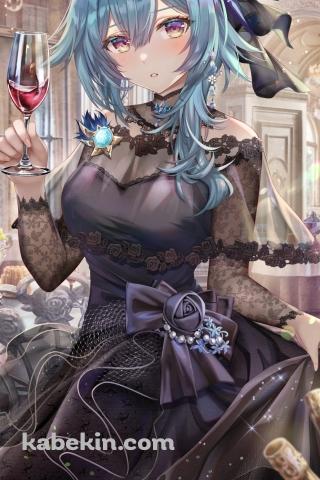 黒いドレスを見たかわいいエウルア・ローレンス / 赤ワイン / シャンデリア / 原神のAndroidの壁紙(320px x 480px) スマホ用