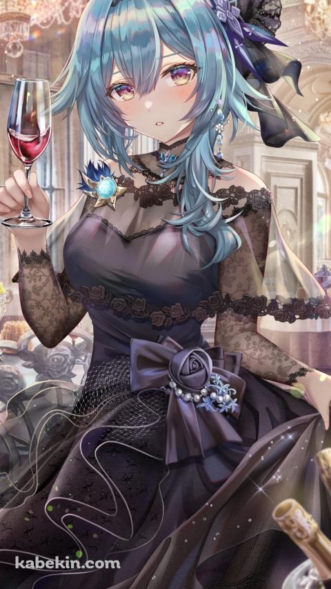 黒いドレスを見たかわいいエウルア・ローレンス / 赤ワイン / シャンデリア / 原神のAndroidの壁紙(480px x 854px) スマホ用