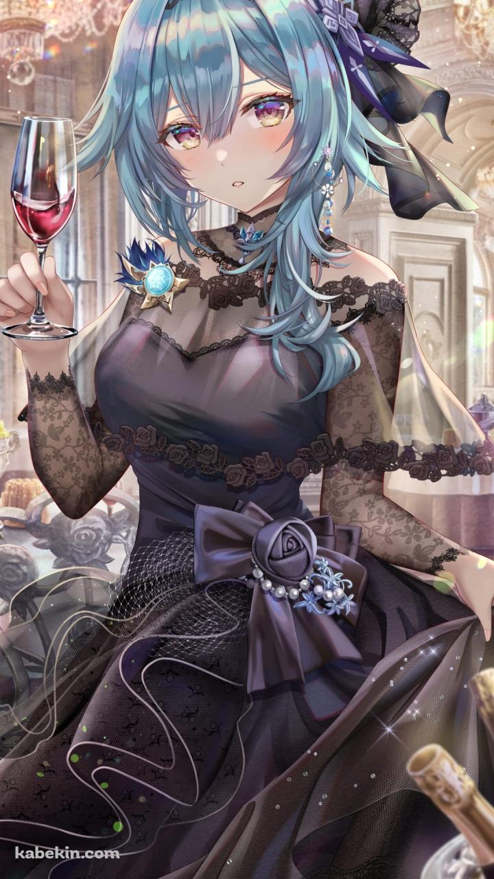 黒いドレスを見たかわいいエウルア・ローレンス / 赤ワイン / シャンデリア / 原神のAndroidの壁紙(720px x 1280px) スマホ用