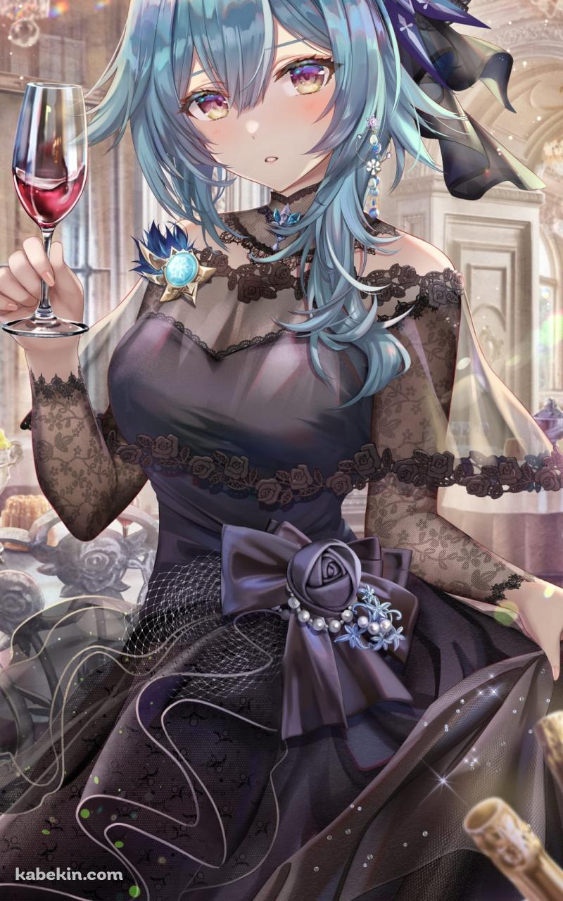 黒いドレスを見たかわいいエウルア・ローレンス / 赤ワイン / シャンデリア / 原神のAndroidの壁紙(800px x 1280px) スマホ用