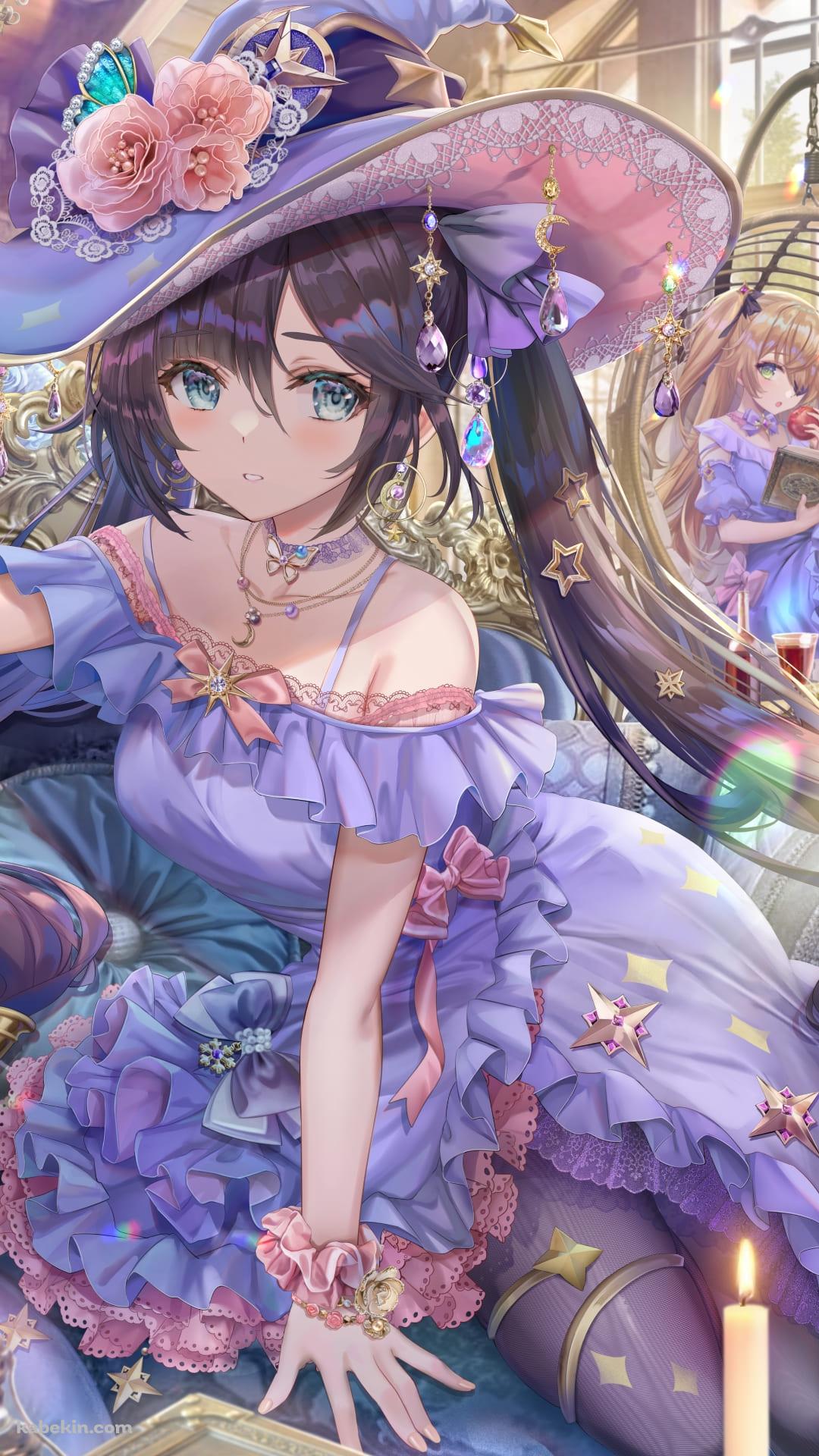 めちゃくちゃかわいいモナとフィッシュル / 蝋燭 / キャンドル / 魔導書 / ランタン / リラックス / 原神 / ファンアート / イラストのAndroidの壁紙(1080px x 1920px) スマホ用