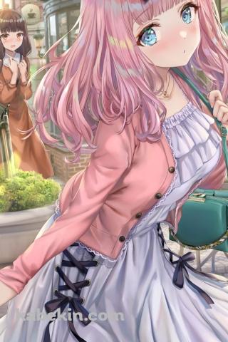 ピンクの洋服を着た藤原千花とオレンジの洋服を着た伊井野ミコ / お出かけ / コーヒーショップ / かわいい / かぐや様は告らせたい～天才たちの恋愛頭脳戦～ / ファンアート / イラストのAndroidの壁紙(320px x 480px) スマホ用