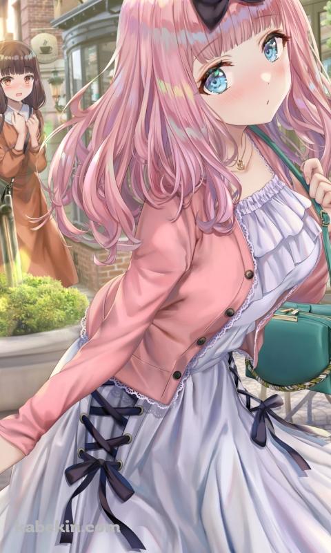 ピンクの洋服を着た藤原千花とオレンジの洋服を着た伊井野ミコ / お出かけ / コーヒーショップ / かわいい / かぐや様は告らせたい～天才たちの恋愛頭脳戦～ / ファンアート / イラストのAndroidの壁紙(480px x 800px) スマホ用