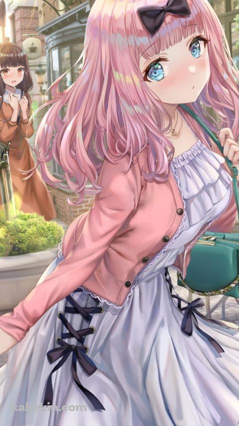 ピンクの洋服を着た藤原千花とオレンジの洋服を着た伊井野ミコ / お出かけ / コーヒーショップ / かわいい / かぐや様は告らせたい～天才たちの恋愛頭脳戦～ / ファンアート / イラストのAndroidの壁紙(480px x 854px) スマホ用