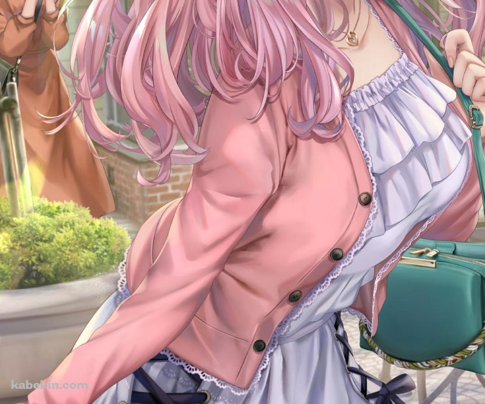 ピンクの洋服を着た藤原千花とオレンジの洋服を着た伊井野ミコ / お出かけ / コーヒーショップ / かわいい / かぐや様は告らせたい～天才たちの恋愛頭脳戦～ / ファンアート / イラストのAndroidの壁紙(960px x 800px) スマホ用