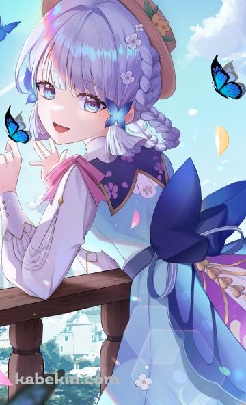 木の手すりに肘をついてこちらを振り返る神里綾華 / 花時に訪れた手紙 / 原神のAndroidの壁紙(360px x 592px) スマホ用