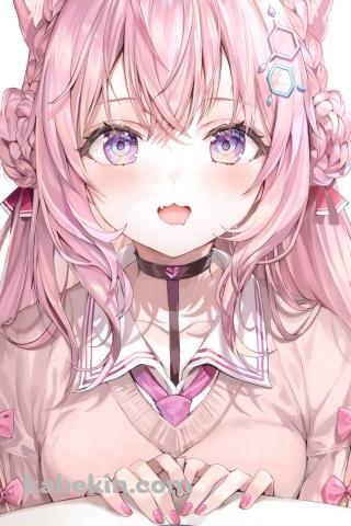 うどんの前で待つ博衣こより(はくい こより) / マヨネーズ / 烏龍茶 / ピンクの箸 / 蒲鉾 / ネギ / ホロライブ / バーチャルYouTuber / ファンアート / イラストのAndroidの壁紙(320px x 480px) スマホ用