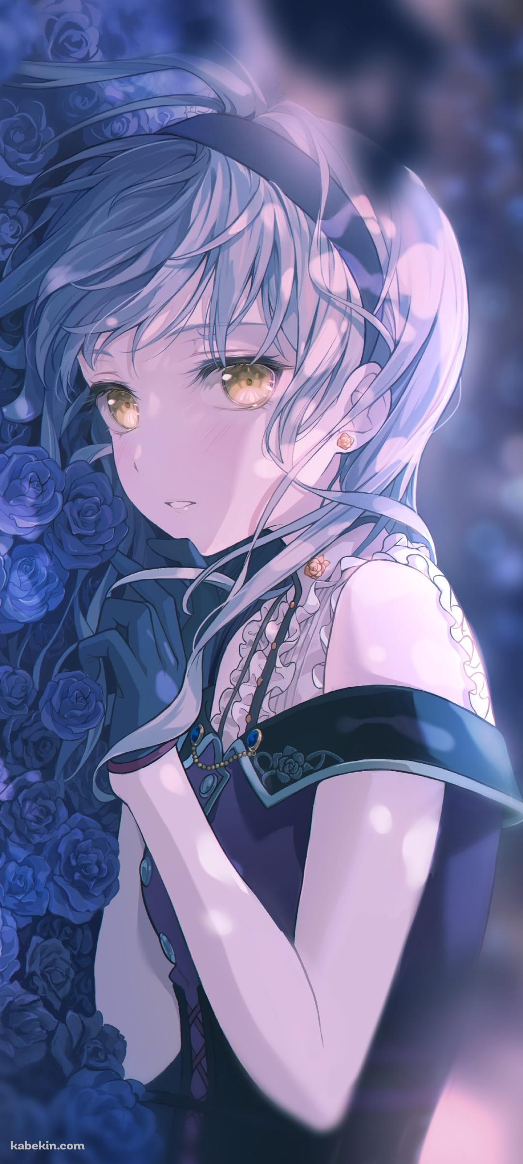 青い薔薇に埋もれる湊友希那(みなと ゆきな）/ バンドリ！ / BanG_Dream! / ファンアート / イラストのAndroidの壁紙(1080px x 2400px) スマホ用