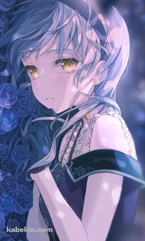 青い薔薇に埋もれる湊友希那(みなと ゆきな）/ バンドリ！ / BanG_Dream! / ファンアート / イラストのAndroidの壁紙(480px x 800px) スマホ用