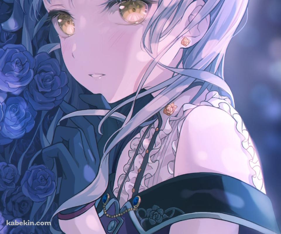 青い薔薇に埋もれる湊友希那(みなと ゆきな）/ バンドリ！ / BanG_Dream! / ファンアート / イラストのAndroidの壁紙(960px x 800px) スマホ用