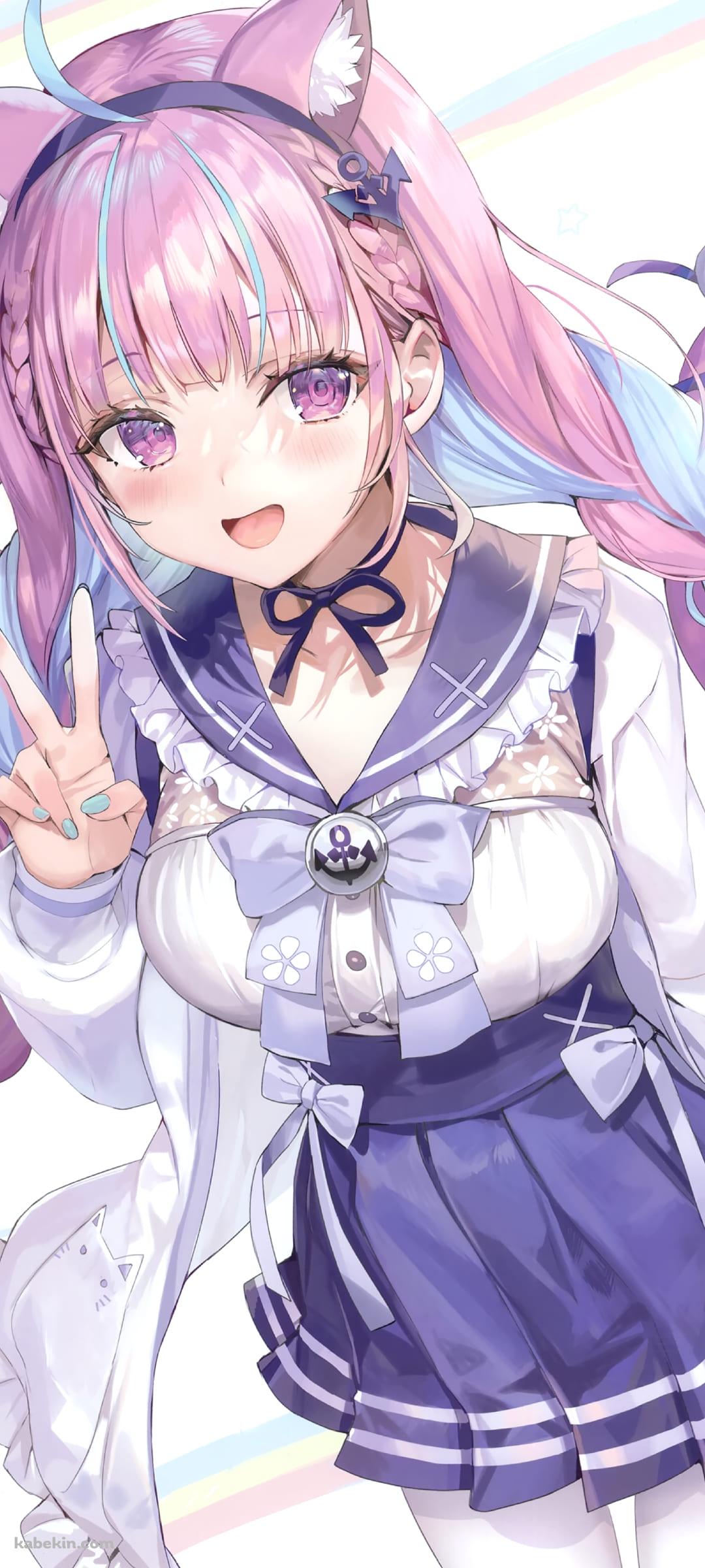 ピースをするかわいい湊あくあ / ホロライブ / バーチャルYouTuber / ファンアート / イラストのAndroidの壁紙(1080px x 2400px) スマホ用