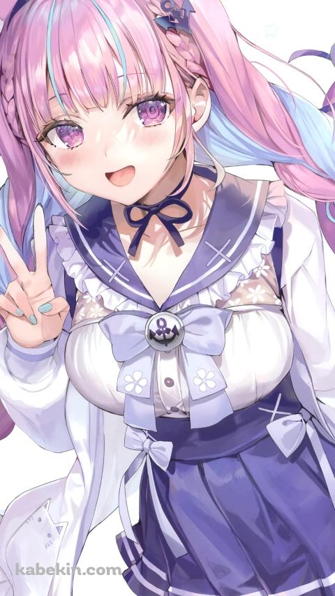 ピースをするかわいい湊あくあ / ホロライブ / バーチャルYouTuber / ファンアート / イラストのAndroidの壁紙(480px x 854px) スマホ用